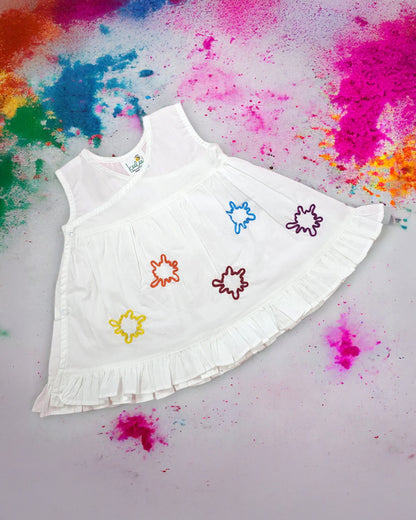 Keebee White Wrap Frock-100% Organic Cotton-Color Splash Embroidered-For Infants