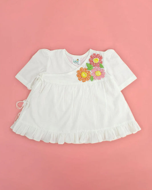 Keebee White Wrap Frock-100% Organic Cotton-Flower Embroidered-For Infants