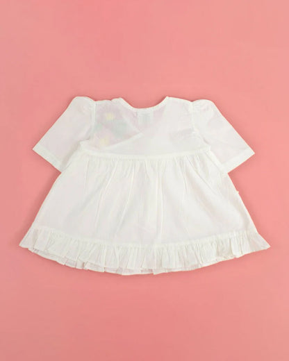 Keebee White Wrap Frock-100% Organic Cotton-Flower Embroidered-For Infants