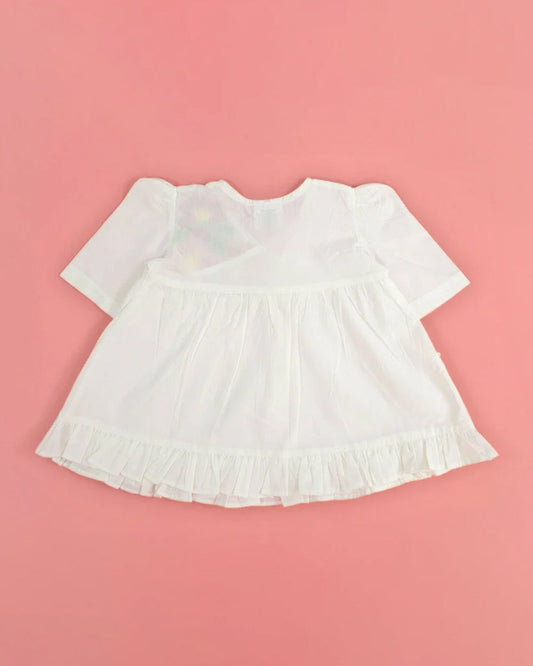 Keebee White Wrap Frock-100% Organic Cotton-Flower Embroidered-For Infants