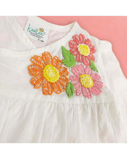 Keebee White Wrap Frock-100% Organic Cotton-Flower Embroidered-For Infants