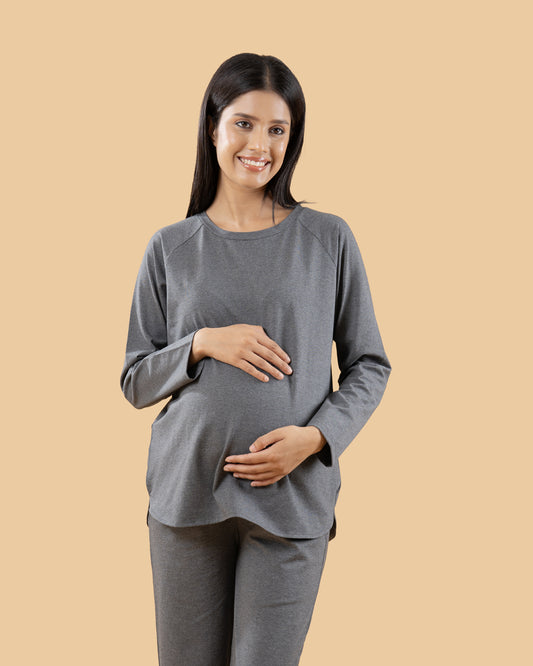 Wobbly Walk Dim Grey Maternity Top-Solid Color-Cotton-Full Sleeves-Bump Friendly