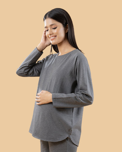 Wobbly Walk Dim Grey Maternity Top-Solid Color-Cotton-Full Sleeves-Bump Friendly