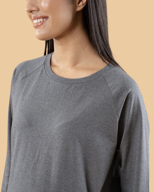 Wobbly Walk Dim Grey Maternity Top-Solid Color-Cotton-Full Sleeves-Bump Friendly