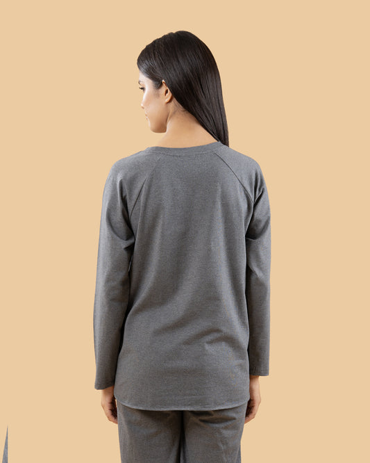 Wobbly Walk Dim Grey Maternity Top-Solid Color-Cotton-Full Sleeves-Bump Friendly