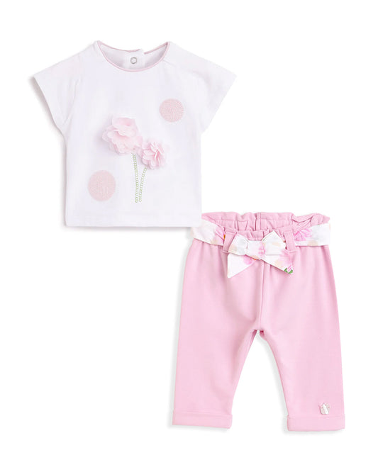Chicco White & Pastel Pink Top & Trouser Set-Cotton-Solid Embellished-For Infants