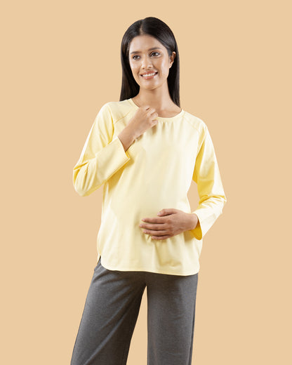 Wobbly Walk Lemon Yellow Maternity Top-Solid Color-Cotton-Full Sleeves-Bump Friendly