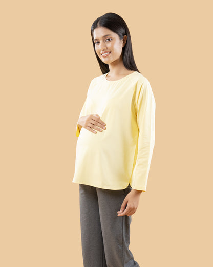 Wobbly Walk Lemon Yellow Maternity Top-Solid Color-Cotton-Full Sleeves-Bump Friendly