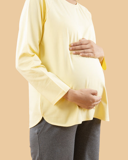 Wobbly Walk Lemon Yellow Maternity Top-Solid Color-Cotton-Full Sleeves-Bump Friendly