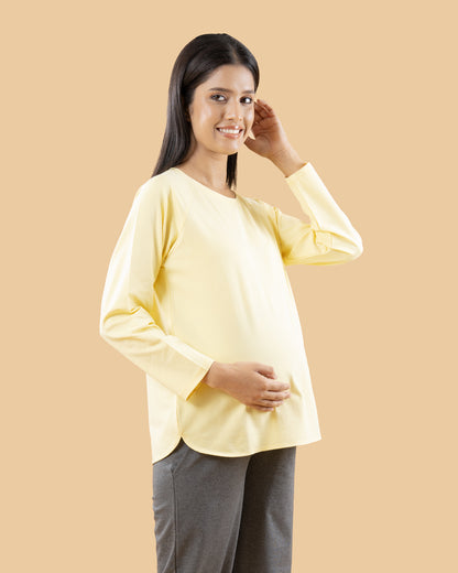 Wobbly Walk Lemon Yellow Maternity Top-Solid Color-Cotton-Full Sleeves-Bump Friendly