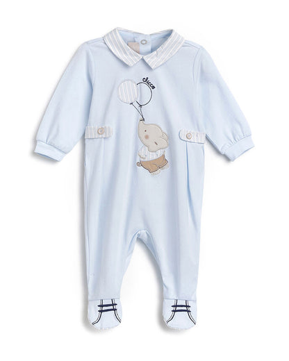 Chicco Light Blue Collared Sleepsuit-Cotton-Embroidered-For Infants