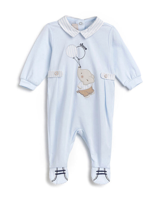 Chicco Light Blue Collared Sleepsuit-Cotton-Embroidered-For Infants