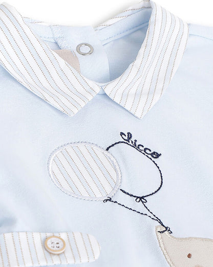 Chicco Light Blue Collared Sleepsuit-Cotton-Embroidered-For Infants