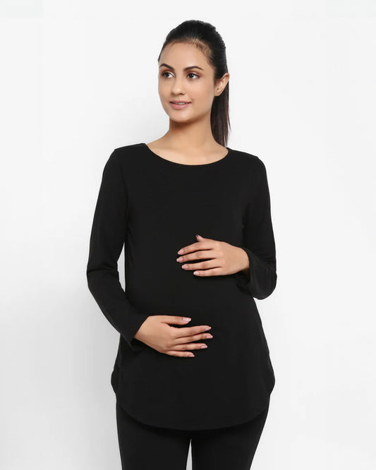 Wobbly Walk Black Maternity Top-Solid Color-Cotton-Full Sleeves-Bump Friendly