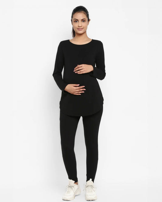 Wobbly Walk Black Maternity Top-Solid Color-Cotton-Full Sleeves-Bump Friendly