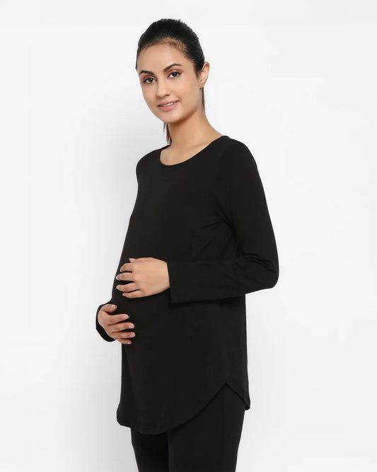 Wobbly Walk Black Maternity Top-Solid Color-Cotton-Full Sleeves-Bump Friendly