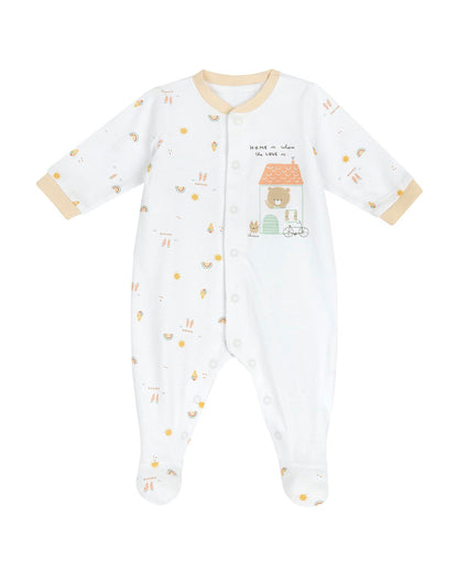 Chicco White & Beige Front Opening Sleepsuit-Cotton-Printed-For Infants