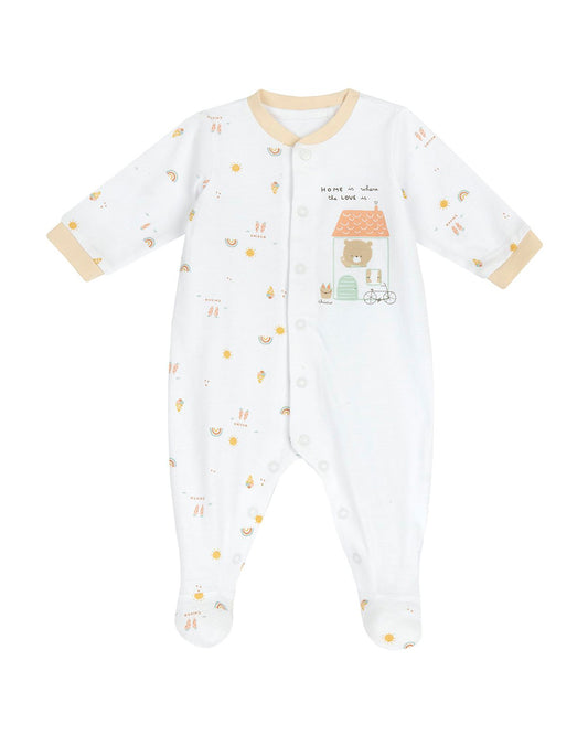 Chicco White & Beige Front Opening Sleepsuit-Cotton-Printed-For Infants