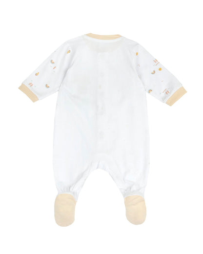 Chicco White & Beige Front Opening Sleepsuit-Cotton-Printed-For Infants