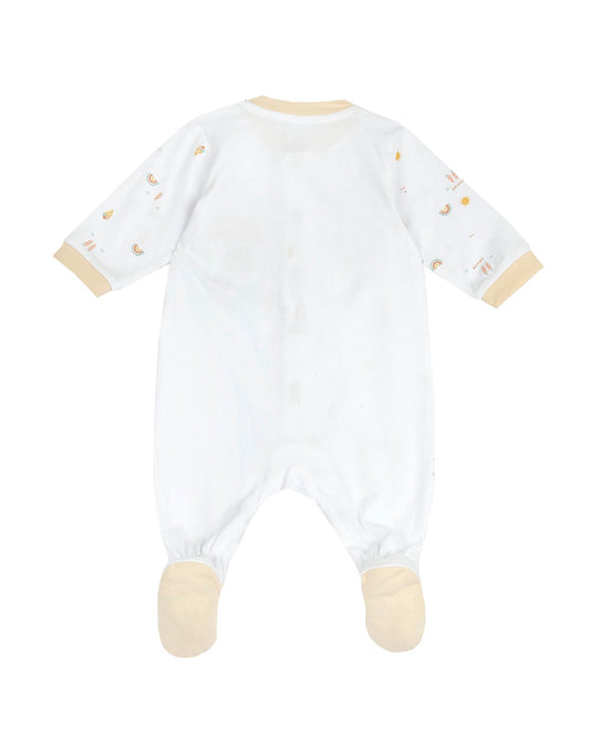 Chicco White & Beige Front Opening Sleepsuit-Cotton-Printed-For Infants
