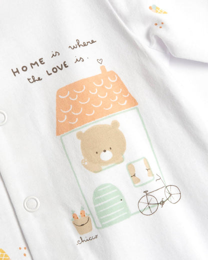 Chicco White & Beige Front Opening Sleepsuit-Cotton-Printed-For Infants
