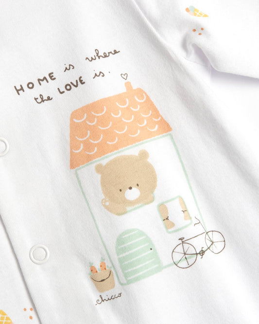 Chicco White & Beige Front Opening Sleepsuit-Cotton-Printed-For Infants