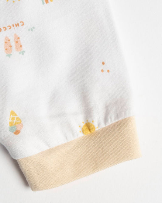 Chicco White & Beige Front Opening Sleepsuit-Cotton-Printed-For Infants