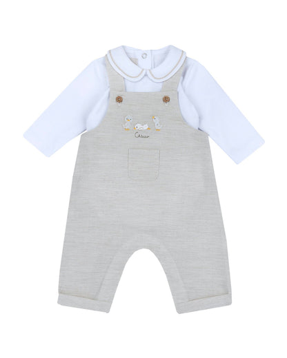 Chicco Light Grey Dungaree Set-Cotton-Solid-For Infants