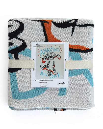 Pluchi Winnie The Pooh Tiger Disney Baby Blanket 100% Cotton Knitted-Ultra Soft Breathable-All Season Use-Grey-For 0M to 18M