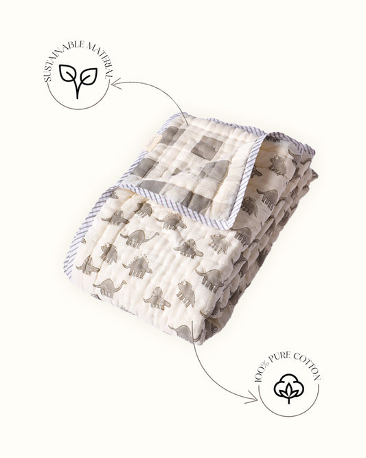 Torii Quilt for Baby-100% Cotton Muslin-Ultra Soft & Breathable-Cream-Dino-0 to 24M