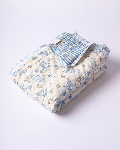Torii Quilt for Baby-100% Cotton Muslin-Ultra Soft & Breathable-Cream & Blue-Rocket Star-0 to 24M