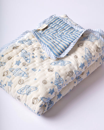 Torii Quilt for Baby-100% Cotton Muslin-Ultra Soft & Breathable-Cream & Blue-Rocket Star-0 to 24M