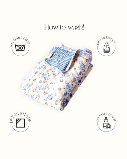Torii Quilt for Baby-100% Cotton Muslin-Ultra Soft & Breathable-Cream & Blue-Rocket Star-0 to 24M