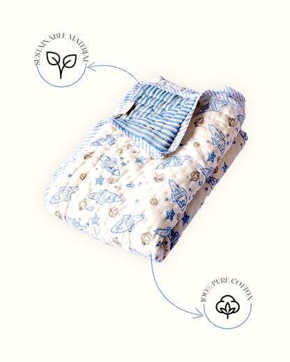 Torii Quilt for Baby-100% Cotton Muslin-Ultra Soft & Breathable-Cream & Blue-Rocket Star-0 to 24M