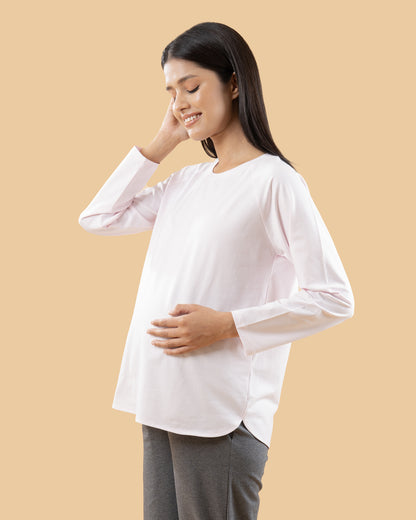 Wobbly Walk Barely Pink Maternity Top-Solid Color-Cotton-Full Sleeves-Bump Friendly