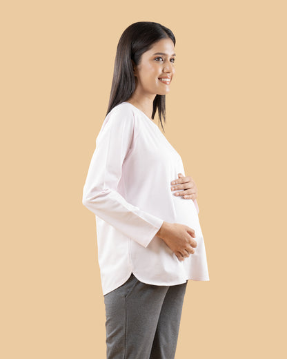 Wobbly Walk Barely Pink Maternity Top-Solid Color-Cotton-Full Sleeves-Bump Friendly