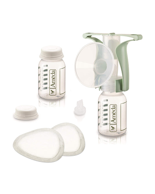 Ameda Portable Manual Breast Pump-Ergonomic Handle-Includes 2 Bottles with Lids-BPA Free and Compact-Milk Expression Pump