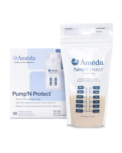 Ameda Pump'N Protect Disposable Breastmilk Storage Bags-Double Zip Seal-BPA Free-Easy to Read Markings-Integrated Adapter Holes-180 ml-Pack of 50