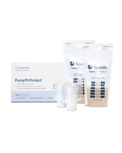 Ameda Pump'N Protect Disposable Breastmilk Storage Bags-Double Zip Seal-BPA Free-With Integrated Adapter Holes-Pack of 150-2 Adapters Included