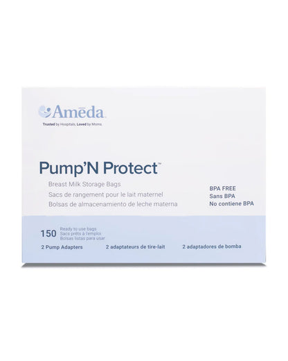Ameda Pump'N Protect Disposable Breastmilk Storage Bags-Double Zip Seal-BPA Free-With Integrated Adapter Holes-Pack of 150-2 Adapters Included
