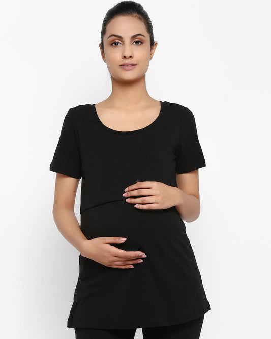 Wobbly Walk Black Maternity Nursing Top-Solid Color-Cotton-Bump Friendly