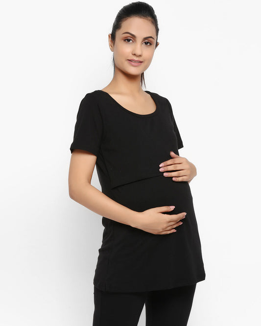 Wobbly Walk Black Maternity Nursing Top-Solid Color-Cotton-Bump Friendly