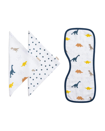 Aariro Organic Cotton Muslin Burp Cloth & Wash Cloths Combo Set-Little Dino-For Infants