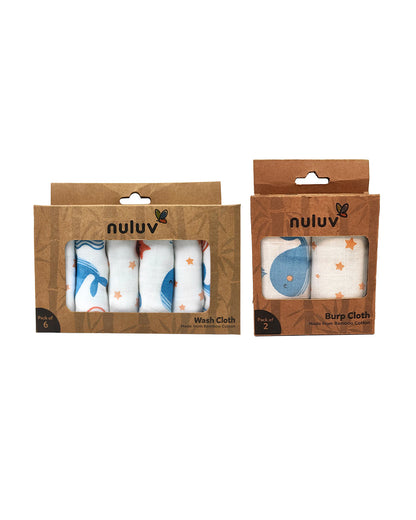 nuluv Bamboo Cotton Burp Cloths & Wash Cloths Combo Set-Comfortable & Breathable-Blue Whale-For Infants