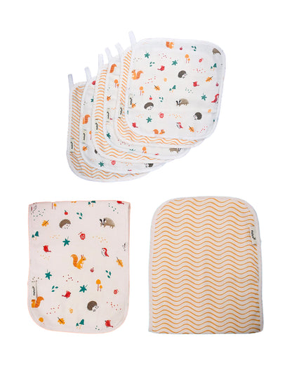 nuluv Bamboo Cotton Burp Cloths & Wash Cloths Combo Set-Comfortable & Breathable-Yellow Squirrel-For Infants