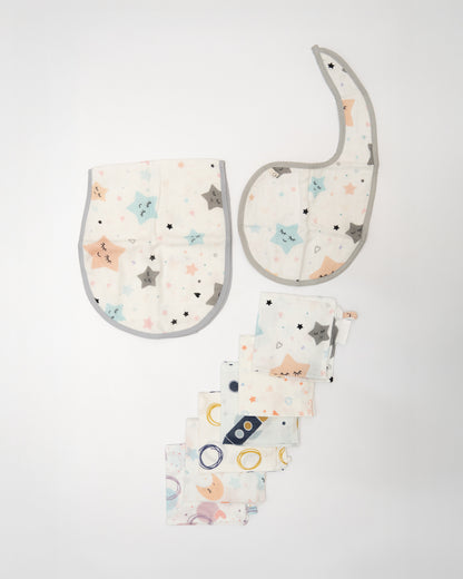 Yellow Doodle Organic Cotton Muslin Bib With Burp Cloth & Wash Cloths Combo Set-Stars & Sky-For Infants
