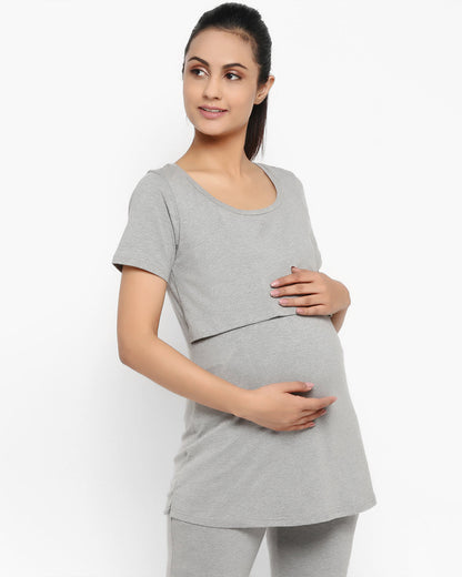 Wobbly Walk Grey Maternity Nursing Top-Solid Color-Cotton-Bump Friendly