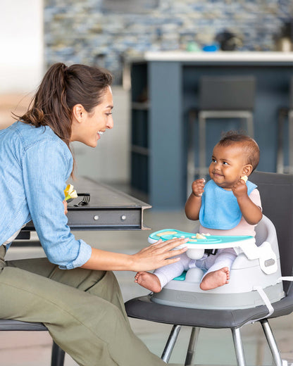 Infantino Grow-With-Me 4-in-1 Booster Seat-Converts Into Infant & Toddler Booster Seat-Two Can Dine-With Dishwasher Safe & Removable Meal Tray-3 Point Harness-For 6 to 36M-Teal & Grey