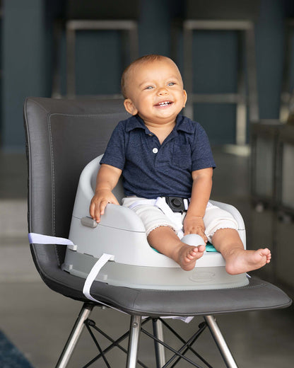 Infantino Grow-With-Me 4-in-1 Booster Seat-Converts Into Infant & Toddler Booster Seat-Two Can Dine-With Dishwasher Safe & Removable Meal Tray-3 Point Harness-For 6 to 36M-Teal & Grey