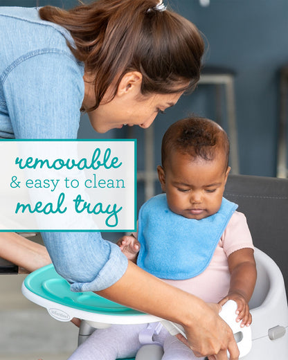 Infantino Grow-With-Me 4-in-1 Booster Seat-Converts Into Infant & Toddler Booster Seat-Two Can Dine-With Dishwasher Safe & Removable Meal Tray-3 Point Harness-For 6 to 36M-Teal & Grey